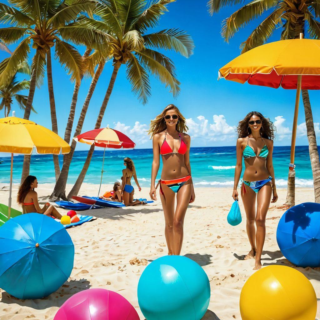 A vibrant summer beach scene with sun-kissed models showcasing the latest bikini trends. Include a colorful beach umbrella, crystal clear water, and palm trees swaying in the breeze. Add beachgoers enjoying the sun, with playful beach balls and surfboards in the background. The scene should exude warmth, fun, and a sense of freedom. bright colors. super-realistic.